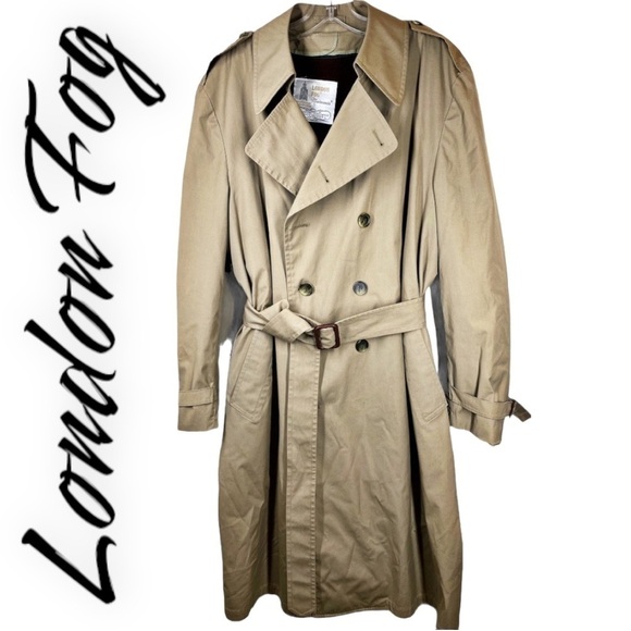 LONDON FOG Classic 90s Vintage Khaki Belted Double Breasted Trenchcoat, Size 44R - Picture 2 of 11